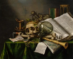 Vanitas. Natureza-morta com livros, manuscritos e uma caveira