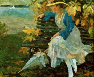 Mulher num banco de jardim junto a um lago