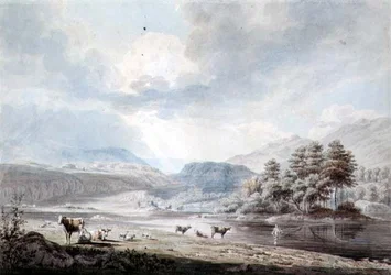 Lago entre colinas (caneta e tinta, aguarela e lavagem em papel)