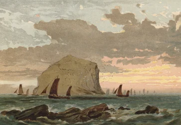 Nascer do sol, frota de barcos de pesca fora do Bass Rock