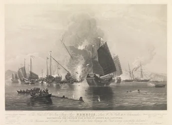 O navio a vapor de ferro Nemesis, da Hon. E.I. Co., ... com os barcos Sulphur, Calliope, Larne e Starling, destruindo os juncos de guerra chineses, na baía de Anson, a 7 de janeiro de 1841 (Chuenpee, perto de Cantão)