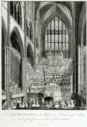 Vista da Orquestra e artistas em Westminster Abbey, durante a comemoração de Handel, publicado por Charles Burney, 1785