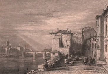 Vista de Verona no rio Adige, Veneto, Itália, gravura em metal aço de Edward Francis Finden (1791-1857) segundo desenho de Augustus Wall Calcott (1779-1844), ca. 12x10 cm