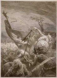 Morte de Harold na batalha de Hastings, ilustração de &39;História Ilustrada de Cassell da Inglaterra&39; (foto sépia)