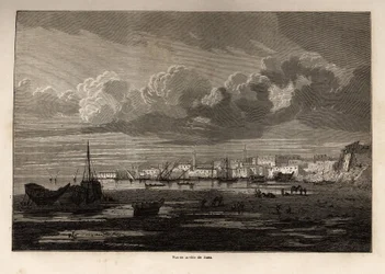 Vista da cidade de Suez (Egito), desenho de Grenet, para ilustrar uma excursão ao Canal de Suez, em 1862, de Paul Merruau. Gravura em "Le tour du monde", editado por Edouard Charton