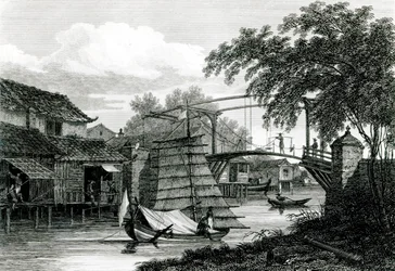 Ponte levadiça em Malaca, gravada por George Cooke