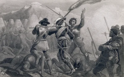 A Guerra Pequod, 1636, de "A História dos Estados Unidos", vol. Eu, de Charles Mackay, gravado por James Charles Armytage (c.1820-97)