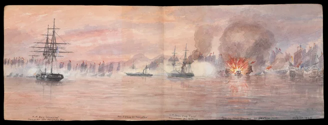 Diário Ilustrado Privado do Dr. E H Cree, Volume XII 1849, página 73-74, "O ataque à frota pirata de Shap-ng-tsai no rio Tonquin" 21 de outubro de 1849 CRJ12 (pintura)