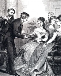 Gravura representando um cavalheiro entregando a uma senhora um prato de geleia durante um jantar