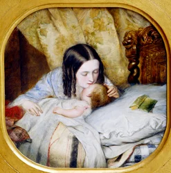 O beijo noturno. Uma mãe beija o seu bebé, que acaba de adormecer. Pintura de Edward Hughes (1832 - 1908), século XX. Lyon, Musée des Beaux-Arts