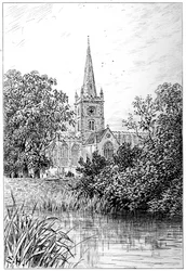 Igreja de Stratford como visto do rio, Stratford-upon-Avon, Warwickshire, 1885.
