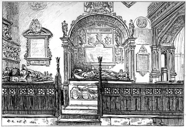 O banco na igreja de Clopton, Stratford-upon-Avon, Warwickshire, 1885.