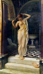 "Diadumene" Jovem mulher nua a atar a venda num banho de estilo antigo. Pintura de Edward John Poynter (1836-1919) (classicismo) 1893
