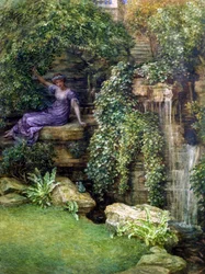 "A Princesa e o Sapo" Encontro num jardim romântico de uma jovem princesa e um sapo (Príncipe Encantado), Pintura de Edward John Poynter (1836-1919) (pré-rafaelita)