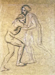 Estudo de dois homens nus abraçando para The Prodigals Return, 1869 (giz no papel)