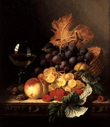 Um Cesto de Uvas, Framboesas, um Pêssego e um Copo de Vinho sobre uma Mesa (óleo sobre tela)