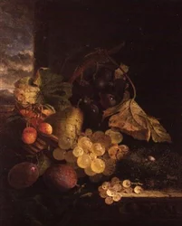 Uma Natureza Morta com um Cesto de Frutas e um Ninho de Pássaros num Lado de Madeira