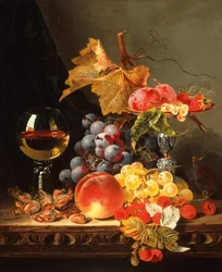 Uvas, ameixas, groselhas brancas, morangos com vinho em uma borda de madeira (óleo sobre tela)