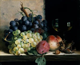 Natureza-morta com fruta e um copo de vinho. Pintura de Edward Ladell (1821-1886) Coleção particular.