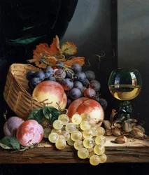 Natureza-morta de frutos e avelãs. Pintura de Edward Ladell (1821-1886) Coleção particular.