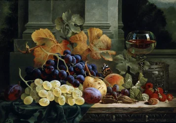 Natureza-morta de fruta e borboleta. Pintura de Edward Ladell (1821-1886) Coleção particular.