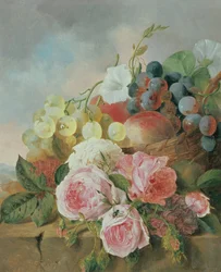 Ainda vida de frutas e rosas em uma borda