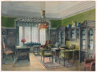 Desenho, Interior de biblioteca ou escritório, ca. 1915