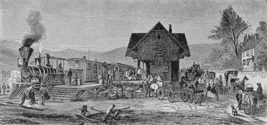 The Village Depot, ilustração de &39;Harper&39;s Weekly&39;, 1868, de &39;The Pageant of America, Vol.3&39;, por Ralph Henry Gabriel, 1926