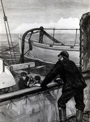 A Expedição Ártica - O &39;Alerta&39; perto de Holsteinborg, Groenlândia: Cortador de Sternpost de Iceboat on Skids, publicado em &39;The Graphic&39;, gravado por J. Nash, 1875