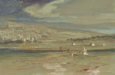 Vista da cidade de Hebron com camelos e figuras em primeiro plano