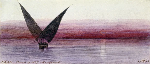 Um barco egípcio no Nilo, em Manfaloot (Egito). Desenho a aguarela colorida