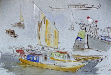 Estudos de barcos venezianos. Desenho a aguarela colorida, de Edward Lear (1812-1888).