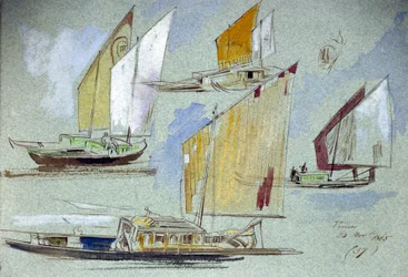 Estudos de barcos venezianos, em plena navegação. Desenho a aguarela colorida, de Edward Lear (1812-1888).