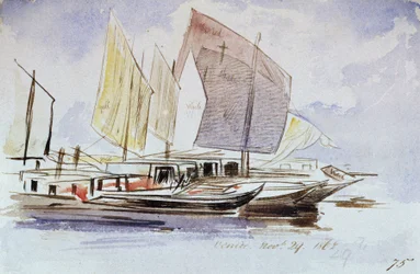 Estudos de barcos venezianos, a toda a vela, vista de estibordo. Desenho a aguarela colorida, de Edward Lear (1812-1888).