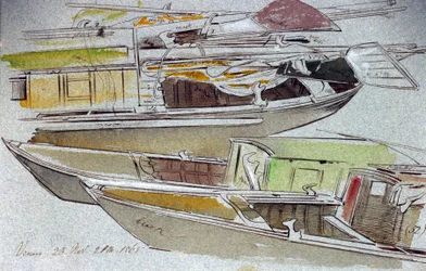 Estudos de barcos venezianos, amarrados. Desenho a aguarela colorido, ilustração de Edward Lear (1812-1888).