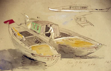 Estudos de barcos venezianos, na costa. Desenho a aguarela colorida, de Edward Lear (1812-1888).