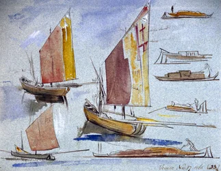 Estudos de barcos venezianos, de velas desfraldadas e amarrados. Desenho colorido a aguarela de Edward Lear (1812-1888).