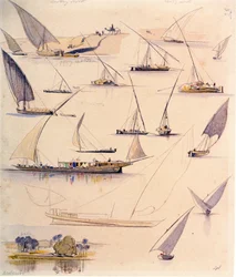 Estudos de vários barcos egípcios. Desenho a aguarela colorida
