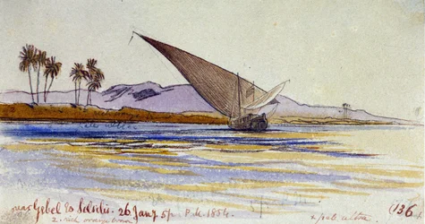 As margens do Nilo (Egipto), com palmeiras e gyassi de frente para a margem, perto de Gebel el Silsileh. Desenho a aguarela colorida