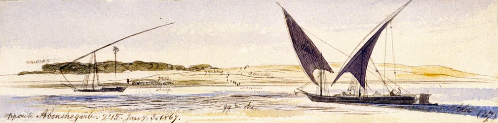 A extensão do Nilo e das suas margens, com dois barcos tradicionais egípcios, incluindo um Dahabeeya. Desenho a aguarela colorida