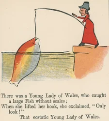 Havia uma jovem senhora de Gales, que capturou um peixe grande sem escamas, de "Um livro de bobagens", publicado por Frederick Warne and Co., Londres, c.1875