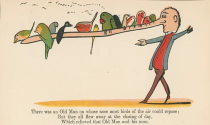 Havia um Ancião em cujo nariz a maioria das aves do ar poderia repousar, de "Um Livro de Tolices", publicado por Frederick Warne and Co., Londres, c.1875