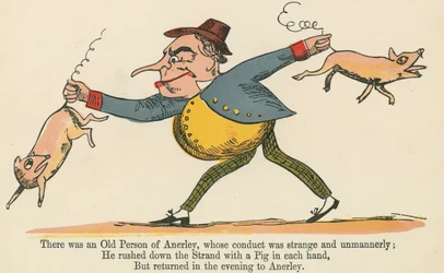 Havia uma Velha Pessoa de Anerley, cuja conduta era estranha e desinteressada, de "Um Livro de Tolices", publicado por Frederick Warne and Co., Londres, c.1875.