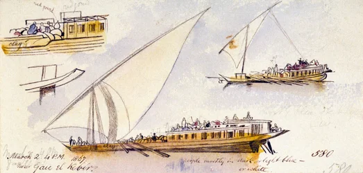 Três estudos de um barco egípcio, transportando passageiros, perto de Gau el Kebir (Egipto), com anotações sobre as roupas das personagens representadas