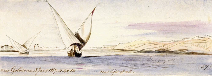 Vista do Nilo perto de Golosona (Egito), com um barco tradicional egípcio a navegar. Desenho a aguarela colorida