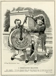 &39;A Presentation Millstone&39;, o Primeiro Ministro Asquith apresenta o Chanceler do Tesouro, Lloyd George, com o esquema de Pensões da Velhice, 1908