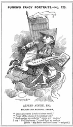 Alfred Austin (1835-1913), poeta britânico laureado em 1896. Desenho animado por Edward Linley Sambourne (1844-1910) na série Fancy Portraits em Punch, Londres, 3 de março de 1883, quando Austin se tornou editor da National Review. Gravura.