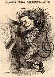 "Anton Rubinstein (1829-1894) Pianista, compositor e maestro russo, fundador do Conservatório de São Petersburgo. Na temporada de concertos de 1881 em Londres, ganhou cerca de £10.000. Uma das suas composições foi a ópera "Demon" (1875). Desenho animado de