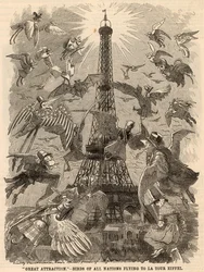 Aves de todas as nações a voar para a Torre Eiffel