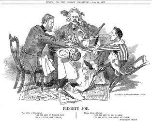 Governo de coligação. O duque de Devonshire e Arthur Balfour, ao centro, tentam controlar Joseph Chamberlain, líder do partido menor da coligação. Em setembro de 1903 demitiu-se para poder defender livremente as suas reformas pautais.